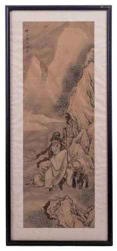 A Chinese scroll, watercolour on textile, depicting a shepherd and his goats in a winter landscape, signed, 32,5 x 94,5 cm