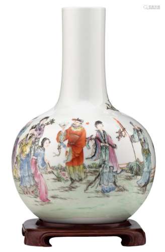 A fine Chinese famille rose bottle vase, overall decorated with figures in a garden, with a Qianlong mark, on a matching wooden stand, H 39,5 (without stand) - 42,5 cm (with stand)