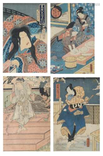 Four Japanese woodcuts, three depicting kabuki actors and one depicting a scene out of daily life, 25 x 36 cm