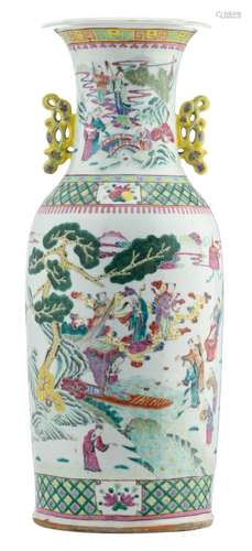 A Chinese famille rose vase, overall decorated with deities, officials and servants in a mountainous river landscape, 19thC, H 60 cm