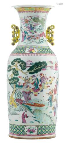 A Chinese famille rose vase, overall decorated with deities, officials and servants in a mountainous river landscape, 19thC, H 60 cm