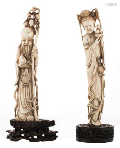 Two Chinese ivory figures, one depicting Shou Xing and one depicting a beauty carrying a basket of peaches, both on a carved wooden base, first half of the 20thC, H 25,5 - 26,5 (without base) - 29,8 - 30 cm (with base) - Total weight: about 440g (Shou Xing) and about 370g (the beauty)