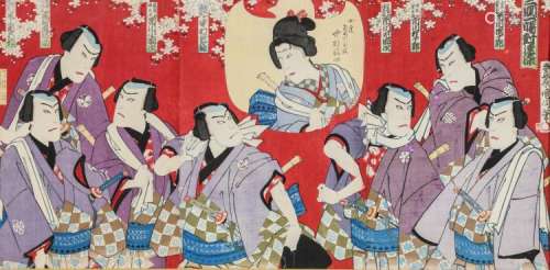 A Japanese tryptich ukiyo-e (three oban pages) depicting a kabuki theater scene, late Edo period, 35 x 70 cm