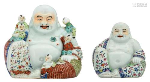 Two Chinese famille rose and polychrome decorated Budai, one Budai with children and marked, H 19 - 25 cm