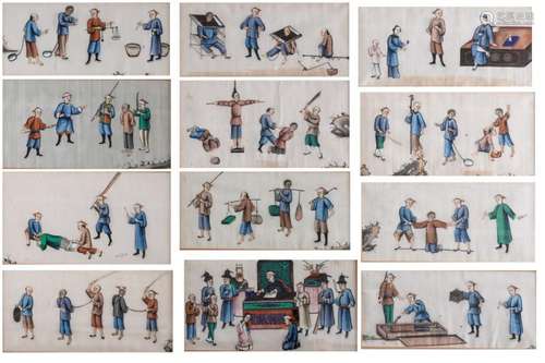 A series of twelve Chinese gouaches on pith rice paper depicting various punishment methods and jurisdiction in 19thC China, 13,5 x 30,5 - 16,5 x 30,5 cm