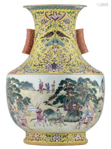 A Chinese yellow ground famille rose overall decorated Hu vase with an animated scene, the handles bamboo shaped, with a Qianlong mark, H 53 cm