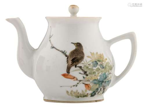 A Chinese polychrome tea pot and cover, decorated with a bird on a flower branch and a calligraphic text, about 1900, H 11,5 cm