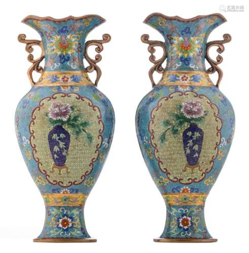 A pair of Chinese cloisonné enamel baluster shaped vases, with a Qianlong mark, H 36 cm