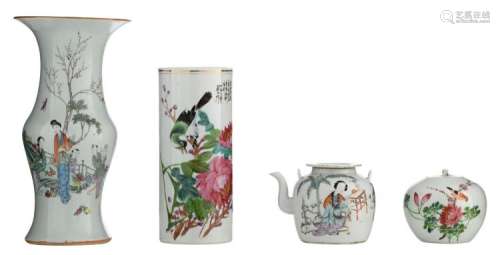 A various of Chinese famille rose porcelain, decorated with an animated garden scene, birds on a flower branch and calligraphic texts, some marked, 19th / 20thC, H 12 - 36,5 cm
