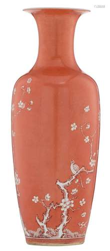 A Chinese peach blossom ground vase, decorated with birds on prunus flower branches, with a Daoguang mark, H 54 cm