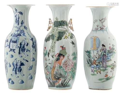 Two Chinese famille rose decorated vases, one vase with a garden scene, the other vase with birds and flower branches, both vases with calligraphic texts; added a Chinese celadon ground blue and white decorated vase with figures in a garden, H 58 - 59 cm