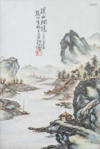 A Chinese polychrome plaque, decorated with a mountainous river landscape, in a wooden frame, 24 x 35 cm