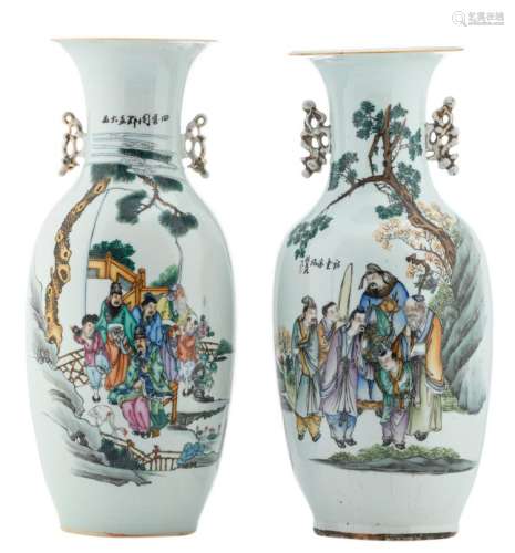 Two Chinese famille rose and polychrome decorated vases with a pine, figures in a garden and calligraphic texts, H 57 cm