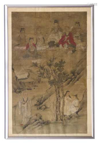 A Chinese scroll, watercolour on paper, depicting figures in a mountainous landscape with Immortals and deities, with calligraphic text, framed, 75,5 x 129 (without frame) - 89 x 143 cm (with frame)