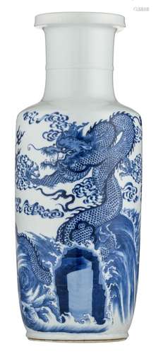 A Chinese blue and white rouleau shaped vase, decorated with dragons and flaming pearls, H 48,5 cm