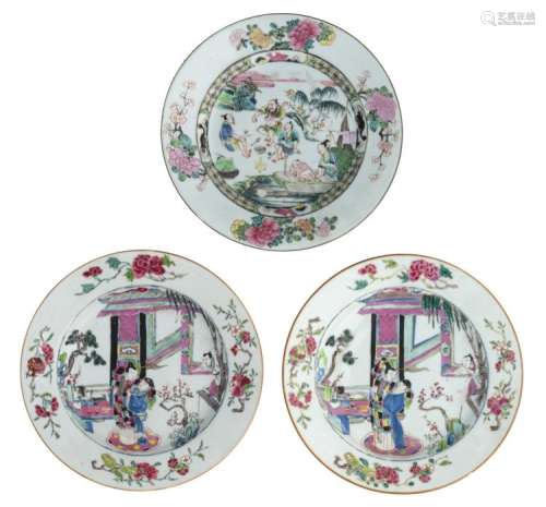 Two Chinese famille rose dishes, decorated with an animated scene on a terrace, 18thC; added a ditto dish, decorated with figures in a landscape, ø 22,5 cm