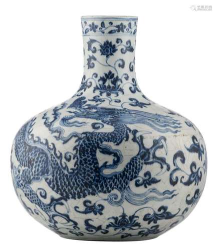 A large Chinese Ming type underglaze blue bottle vase, overall decorated with a dragon and scrolling lotus, H 42,5 cm