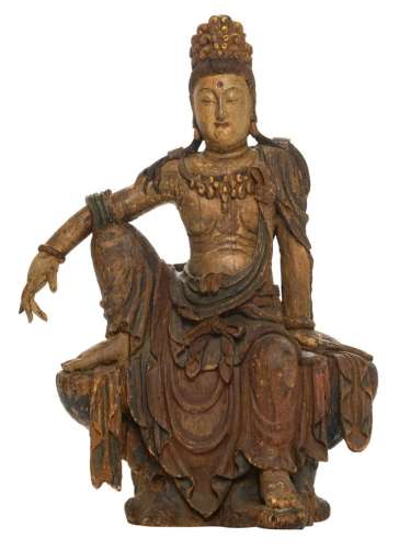 A Chinese carved wooden polychrome and gilt decorated Guanyin, seated in 'Lalitasana', Song type, probably Ming, H 93,5 cm