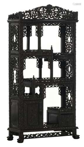 A Chinese richly carved open work hardwood display cabinet, 20thC, H 164 - W 85 - D 35 cm