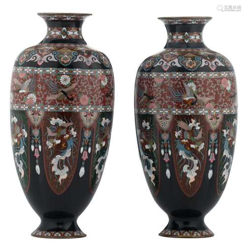 A pair of Japanese cloisonné enamel vases, decorated with birds and flowers, H 37 - 37,5 cm