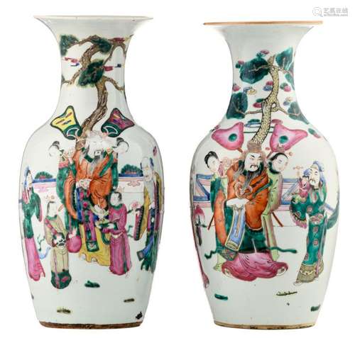 Two Chinese famille rose decorated vases with Immortals, H 44,5 - 45 cm