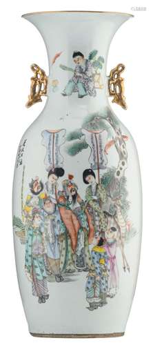 A Chinese famille rose vase, one side decorated with an animated scene and the other side with a peony, cranes and a calligraphic text, H 57,5 cm