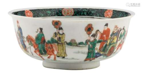 A Chinese famille verte bowl, overall decorated with a cortege in a landscape, H 9 - ø 21 cm