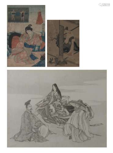 Two Edo period Japanese woodcuts and one ditto drawing, 20,5 x 28 - 44,5 x 59,5 cm