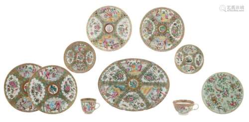 A set of various Chinese Canton famille rose dishes and cups; added a ditto celadon ground dish, 19thC, H 2 - 6 cm - ø 13,5 - 32 cm
