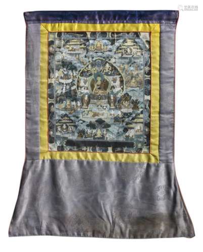 A 19thC Tibetan thangka, framed, 25 x 30 cm (without mount)