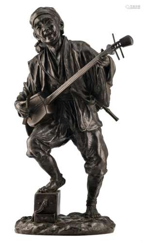Marked with a sealmark of the Japanese artist, the jolly shamisen street artist, patinated bronze, H 60 cm