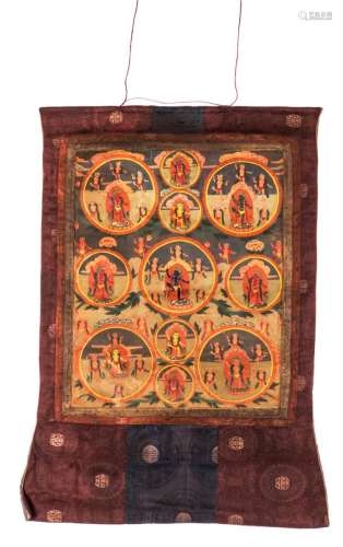 A Tibetan thangka, gouache on textile, 19thC, 79 x 107 cm