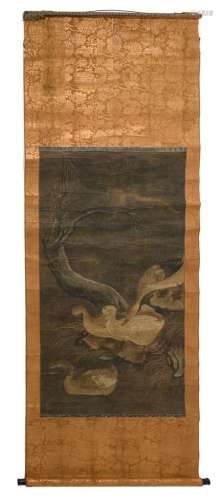 A Chinese scroll, ink and watercolour on silk, depicting geese, and a snow-covered willow, marked and signed, possibly Song, 77,4 x 147 cm