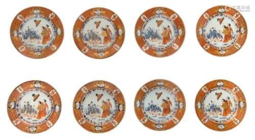 A set of eight 18thC Imari palette decorated Chinese Pronk plates showing 'La Dame au Parasol', the rim with lady and bird cartouches reserved on a distinctive honeycomb ground, the reverse border blue and white decorated with various insects, ø 23,5 cm - Literature: C.J.A. Jörg, Pronk Porcelain. Porcelain after designs by Cornelis Pronk, Groningen, 1980, p. 66