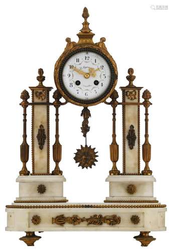 A late 19thC Neoclassical gilt bronze mounted white marble mantle clock, the work marked 'H. Luppens - Paris', the dial marked 'H. Luppens & Cie - Bruxelles', H 49 cm