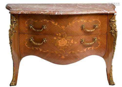 A bronze mounted Rococo style marquetry commode with a rouge royal marble top, H 77,5 - W 120 - D 58 cm