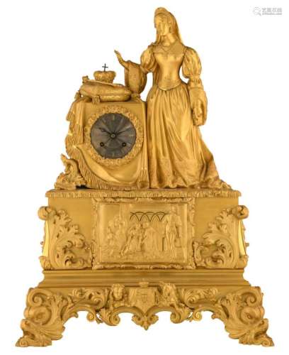 A mid 19thC gilt bronze mantle clock, on top a royal in medieval dress, the basso relievo in the front signed 'Delaroche P.', the work marked 'C.F. Petit à Paris', H 65,5 - W 50 cm