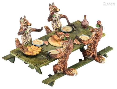 The fox's banquet, a Vienna polychrome painted bronze group, production Robert Bergmann, H 6 - W 12,5 - D 12 cm