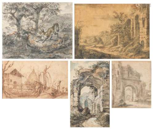 No visible signature, three drawings with impressions of an Italy trip, 17th - 18thC, black ink wash / black ink and watercolour, 11,5 x 13,5 - 11,5 x 19,2 - 16 x 22 cm; added no visible signature, a farm view, bister ink, 17th - 18thC, 11,5 x 19,5 cm; extra added no visible signature, a fox wondering in a landscape, ink wash and bister ink, 18thC, 16,5 x 20,5 cm