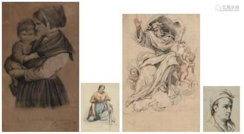 Van Hollebeke A., 'Lucette la mère du pècheur', charcoal, pencil and white chalk, 24 x 24 cm; added no visible signature, at the well, pencil and watercolour, dated 04.10.1843, 12,5 x 15,5 cm; extra added Tischbein J J., a portrait of a man, ink wash, dated 1784, 16,8 x 20,8 cm; extra added no visible signature, Jesus as the World Ruler, charcoal and red chalk, 36,5 x 24 cm