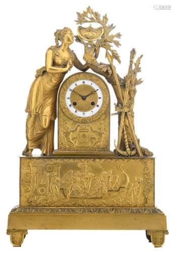 A mid 19thC gilt bronze mantle clock depicting Helen of Troy, traces of a mark on the dial, H 59,5 cm