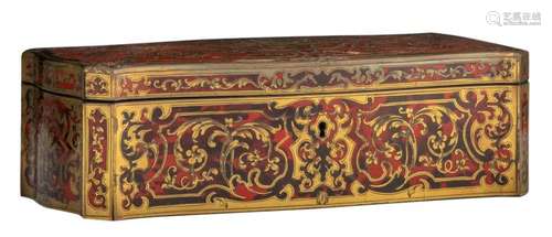 A 19thC Boulle rosewood jewel box with red moiré and red velvet upholstered drawers, marked 'Tahan Paris', monogrammed 'F.L.', H 8 - W 27 - D 11 cm