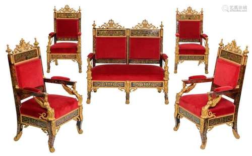 An exceptional five-part ensemble of four 19thC LXIV style bronze mounted and red velvet upholstered Boulle armchairs and one ditto sofa, H 120 - W 66 - 125 - D 63 cm