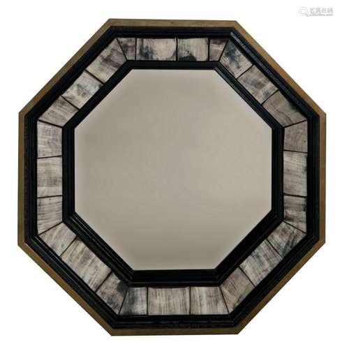 A brass and ebonised wooden octagonal mirror with gray black veined stone inlay, 56,3 x 56,3 cm