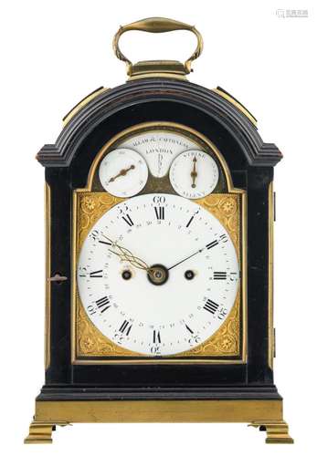 A 19thC ebonised wooden brass mounted bracket clock, the work and the dial marked 'Allam & Caithness - London', H 35,5 cm