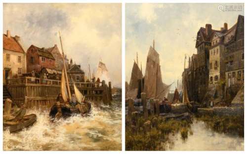 (Dumont P.), two animated harbor scenes, oil on panel, both in a nice carved and gilt wood frame, 41 x 53 cm