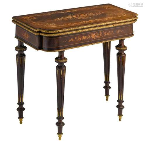 A Neoclassical brass mounted rosewood veneered Historism card table with marquetry, H 77,5 - W 81 cm