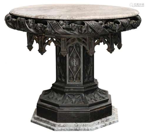 An octagonal Gothic revival table de milieu with cast iron base and marble top, about 1890 - 1910, H 71 - ø 84 cm