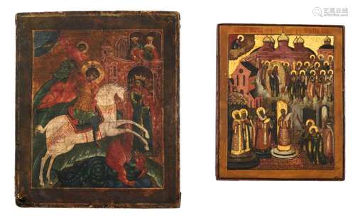 Two 19thC East European icons, one of which depicting the celebration of Pokrov, the other depicting the Archangel Michaël, 20 x 25  - 25,5 x 31 cm