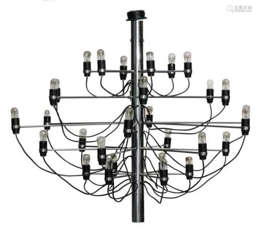 A design chandelier by Gino Sarfatti, model 2097/30, Italy, chrome plated steel with bakalite sockets, H 71 - ø 90 cm